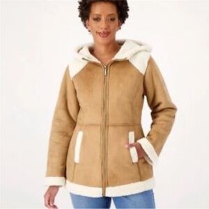 Koolaburra by UGG faux suede, Sherpa trim, brown and cream hooded jacket